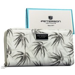 Szary portfel damski w typie piórnika w roślinny wzór, wykonany ze skóry naturalnej i ekologicznej - Peterson