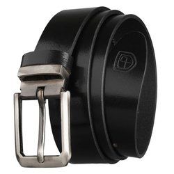 Elegancki pasek męski ze skóry naturalnej w czarnym kolorze ze srebrną, klasyczną klamrą - Peterson