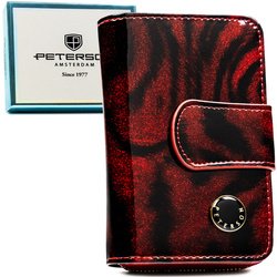Lakierowany, czerwony portfel damski ze skóry naturalnej i ekologicznej w zwierzęcy wzór - Peterson