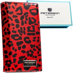 Duży, czerwony, pionowy portfel damski ze skóry ekologicznej i naturalnej w cętki zamykany magnesem - Peterson