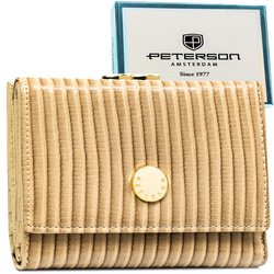 Beżowy, prążkowany portfel damski ze skóry naturalnej i ekologicznej - Peterson