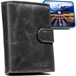 Pionowy portfel męski ze skóry naturalnej w czarnym kolorze zamykany na zatrzask - Peterson