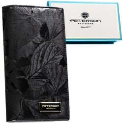 Duży, pionowy portfel damski w czarnym kolorze zamykany na magnes i suwak - Peterson