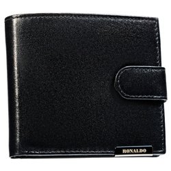Czarny, poziomy, pojemny portfel męski ze skóry naturalnej zamykany zatrzaskiem - Ronaldo