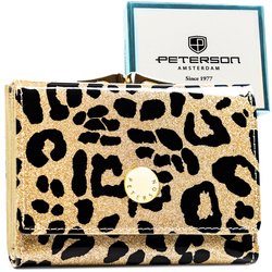Złoty portfel damski ze skóry ekologicznej i naturalnej w cętki, zamykany biglem i zatrzaskiem - Peterson