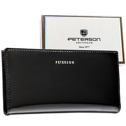 Duży portfel damski ze skóry ekologicznej w czarnym kolorze zamykany suwakiem i zatrzaskiem - Peterson
