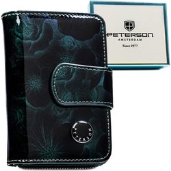 Połyskujący, pionowy portfel damski ze skóry naturalnej i ekologicznej w zielonym kolorze - Peterson