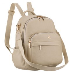 Elegancki plecak damski z bocznymi kieszeniami wykonany ze skóry ekologicznej w beżowym kolorze - Rovicky