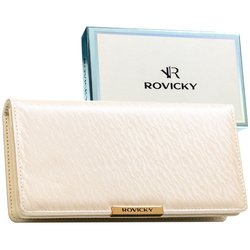 Duży portfel damski ze skóry ekologicznej w kolorze ecru, zamykany na zatrzask - Rovicky