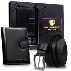 Zestaw prezentowy: skórzany portfel męski w czarnym kolorze zamykany zatrzaskiem i pasek ze skóry naturalnej - Peterson