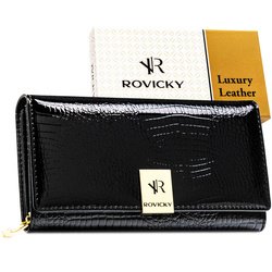 Duży, czarny, lakierowany portfel damski ze skóry naturalnej zamykany na zatrzask - Rovicky