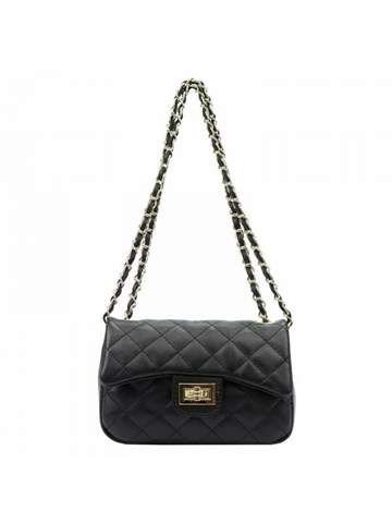 Torebka Damska Luka COCO Pikowana Skóra Naturalna Czarna Z Łańcuszkowym Paskiem