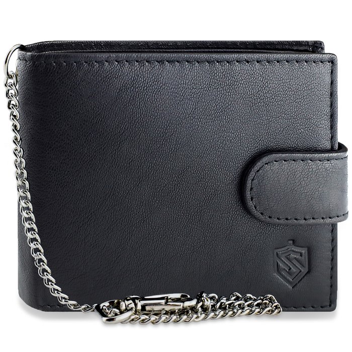 Portfel Męski Skórzany STEVENS Czarny Poziomy z Łańcuszkiem i RFID