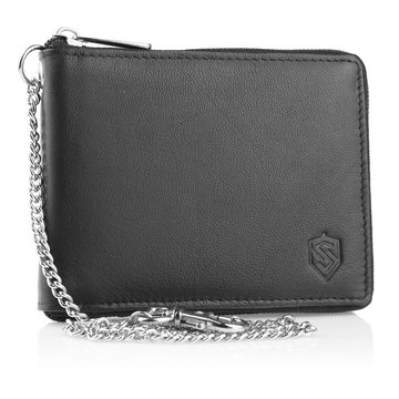 Skórzany czarny portfel męski STEVENS duży na suwak Łańcuch