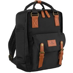 Czarno-brązowy, duży plecak damski wykonany z poliestru i skóry ekologicznej - Peterson