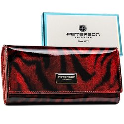 Lakierowany, czerwony portfel damski ze skóry naturalnej i ekologicznej w zwierzęcy wzór - Peterson