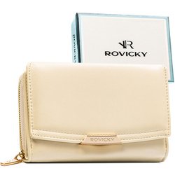 Średni, beżowy portfel damski ze skóry ekologicznej, model mieszczący dowód rejestracyjny - Rovicky