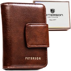 Elegancki, brązowy portfel damski ze skóry ekologicznej zamykany na zatrzask i suwak - Peterson