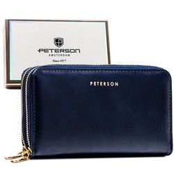 Granatowy portfel-piórnik ze skóry ekologicznej z systemem RFID - Peterson
