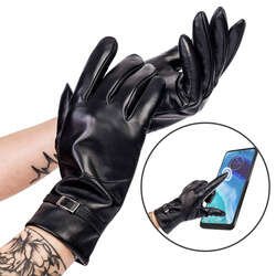 Ocieplane rękawiczki damskie ze skóry naturalnej ze sprzączką Rovicky