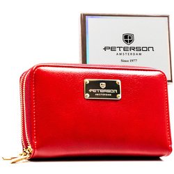 Czerwony portfel damski w typie piórnika ze skóry ekologicznej wyposażony w system RFID - Peterson