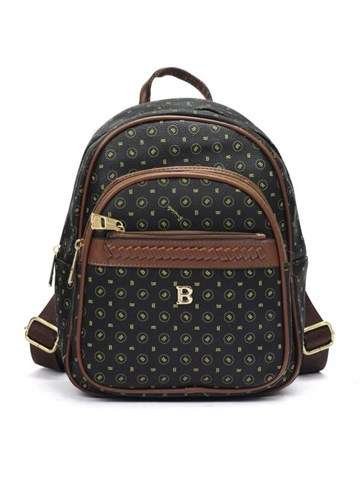 Plecak Damski BRICIOLE 4123 Eko-Skóra Czarno-Brązowy Średni z Złotymi Okuciami