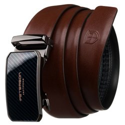 Skórzany pasek męski w brązowym kolorze z automatyczną, srebrną klamrą - Peterson
