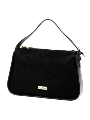 Torebka Skórzana MiaMore 01-066 Czarna Listonoszka Naturalny Zamsz złote Okucia