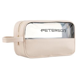 Kosmetyczka z tkaniny syntetycznej w beżowym kolorze wyposażona w przezroczysty panel - Peterson