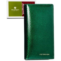 Pionowy portfel damski na magnes i zamek wykonany ze skóry naturalnej w zielonym kolorze - Peterson