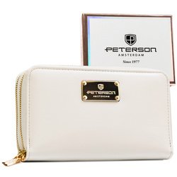 Portfel damski w typie piórnika ze skóry ekologicznej w białym kolorze, wyposażony w system RFID - Peterson