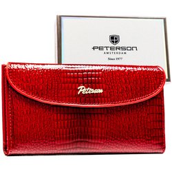 Poziomy portfel damski ze skóry ekologicznej w czerwonym kolorze z tłoczeniem na wzór skóry krokodyla - Peterson
