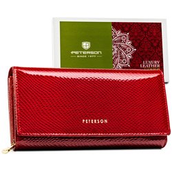 Skórzany, czerwony portfel damski ze wzorem imitującym gadzią skórę, zamykany na zatrzask - Peterson