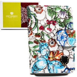 Wielokolorowy, pionowy portfel damski ze skóry naturalnej zamykany zatrzaskiem i suwakiem - Peterson