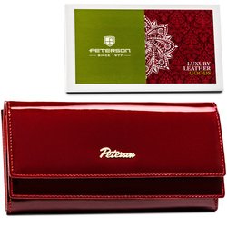 Skórzany portfel damski w czerwonym kolorze zamykany na bigiel i klapką na zatrzask - Peterson