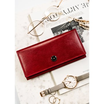 Duży, skórzany portfel damski w czerwonym kolorze zamykany na zatrzask - Peterson