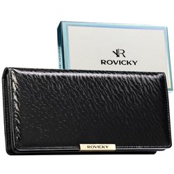 Duży portfel damski ze skóry ekologicznej w czarnym kolorze zamykany na zatrzask - Rovicky