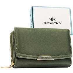 Portfel damski ze skóry ekologicznej w zielonym kolorze, zamykany na zatrzask - Rovicky