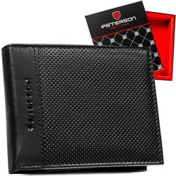 Duży, skórzany portfel męski w czarnym kolorze bez zapięcia zewnętrznego - Peterson