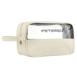 Kosmetyczka z tkaniny syntetycznej w kolorze ecru, wyposażona w przezroczysty panel - Peterson