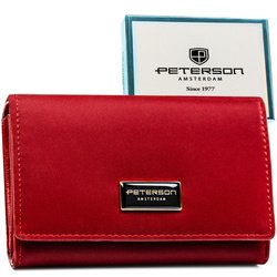 Czerwony, duży portfel damski zamykany na zatrzask, wykonany ze skóry naturalnej i ekologicznej - Peterson