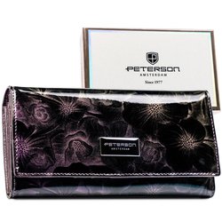 Klasyczny, duży, fioletowy lakierowany portfel damski w kwiaty Peterson