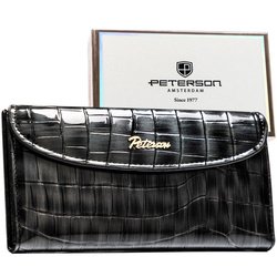 Szary portfel damski ze skóry ekologicznej z tłoczeniem na wzór skóry krokodyla, zamykany na zatrzask magnetyczny - Peterson