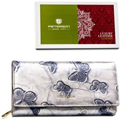 Pojemny portfel damski ze skóry naturalnej w srebrnym kolorze zamykany na zatrzask - Peterson