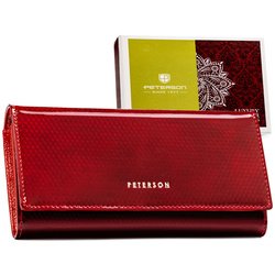 Elegancki portfel damski ze skóry naturalnej w czerwonym kolorze, zamykany zatrzaskiem i biglem - Peterson