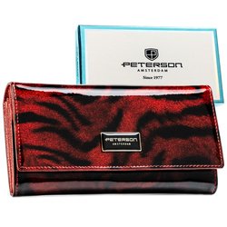 Czerwony, lakierowany portfel damski ze skóry naturalnej i ekologicznej zamykany zatrzaskiem - Peterson