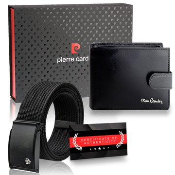 Ekskluzywny zestaw Pierre Cardin dla mężczyzny: portfel skórzany RFID na karty i banknoty + pasek parciany Stevens Certyfikat