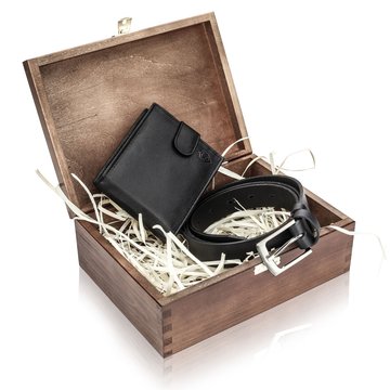 Zestaw Prezentowy  STEVENS Portfel i Pasek w drewnianym pudełku na prezent Dla Taty Dla Syna