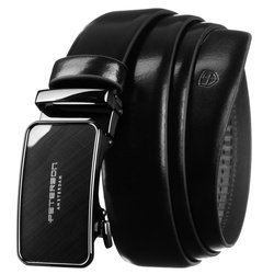 Elegancki pasek męski ze skóry naturalnej w czarnym kolorze z automatyczną, srebrną klamrą - Peterson