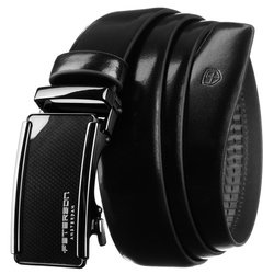 Klasyczny pasek męski w czarnym kolorze z automatyczną, srebrną klamrą - Peterson